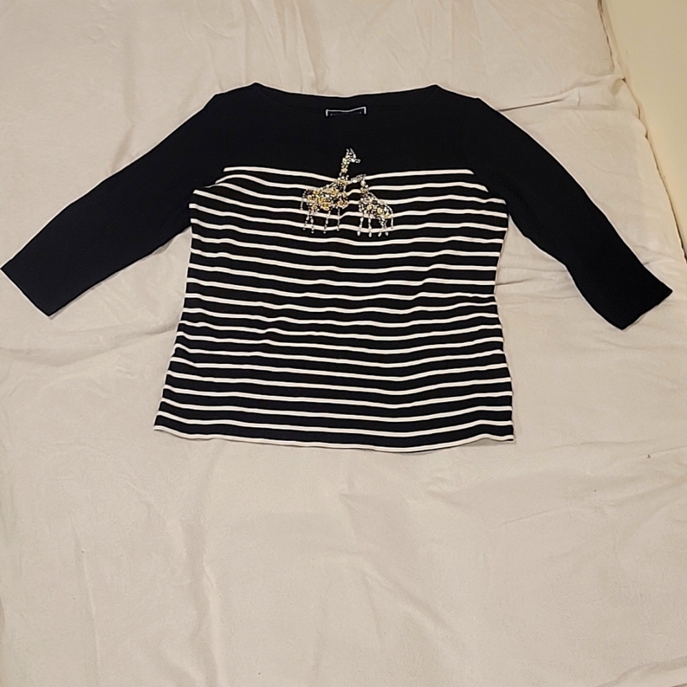 Karen Scott Black and White Stripped Giraffe Bling 3/4 Length Shirt